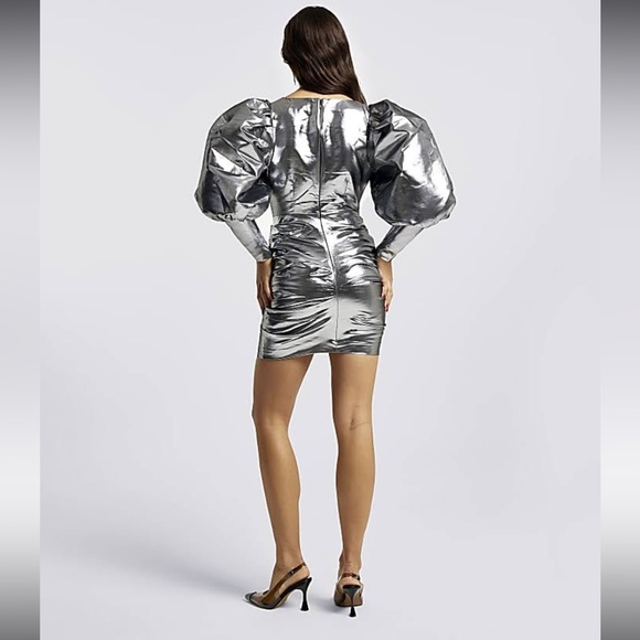 NWT River Island Metallic Silver Balloon Sleeves Bodycon Mini Dress Size 8 US - Picture 3 of 14